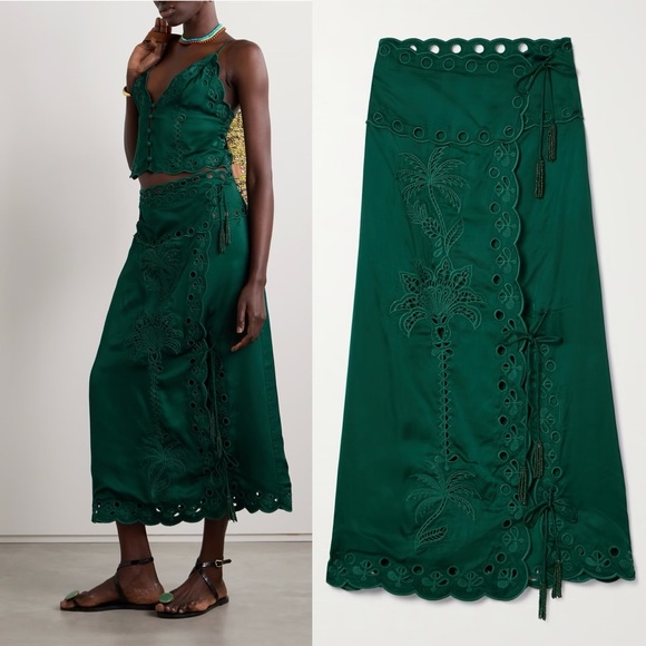NWT Farm Rio XS Green Richilieu Midi Skirt Beaded Tassels Palm Tree Eyelets - Picture 1 of 9